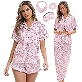MEEYI Silk Satin Pajama Set for Women 3-piece Short Sleeve Pajama with Pants Ruffle Shorts Cute Pj Set Button Down Sleepwear