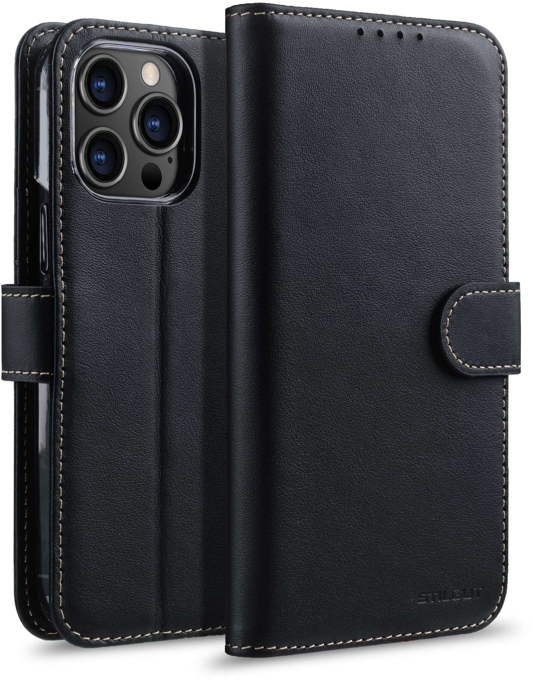 StilGut Talis Compatible with iPhone 14 Plus (6.7 Inch) Case with Card Slot, Leather Flip Cover, Mobile Phone Case with Compartments & Stand Function - Black Nappa