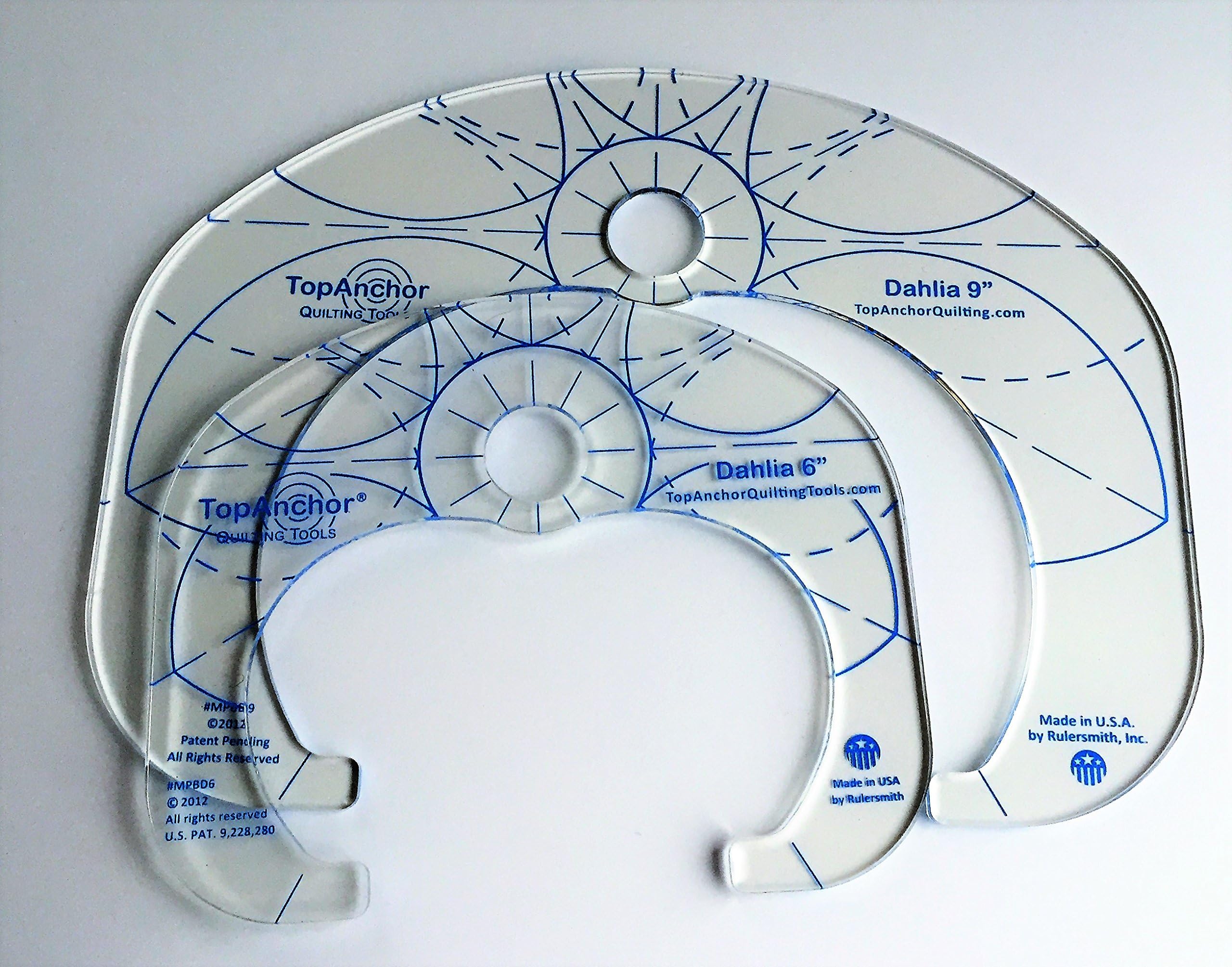 Dahlia Blue 1/8" Thick Laser Cut Acrylic Free Motion Machine Quilting Templates 6" & 9" Set - Save 10% on The Set!