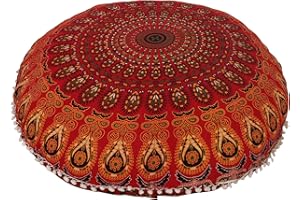 Shubhlaxmifashion 32" RED Mandala Floor Pillow Cushion Seating Throw Cover Hippie Decorative Bohemian Ottoman Poufs, Pom Pom Pillow Cases,Boho Indian