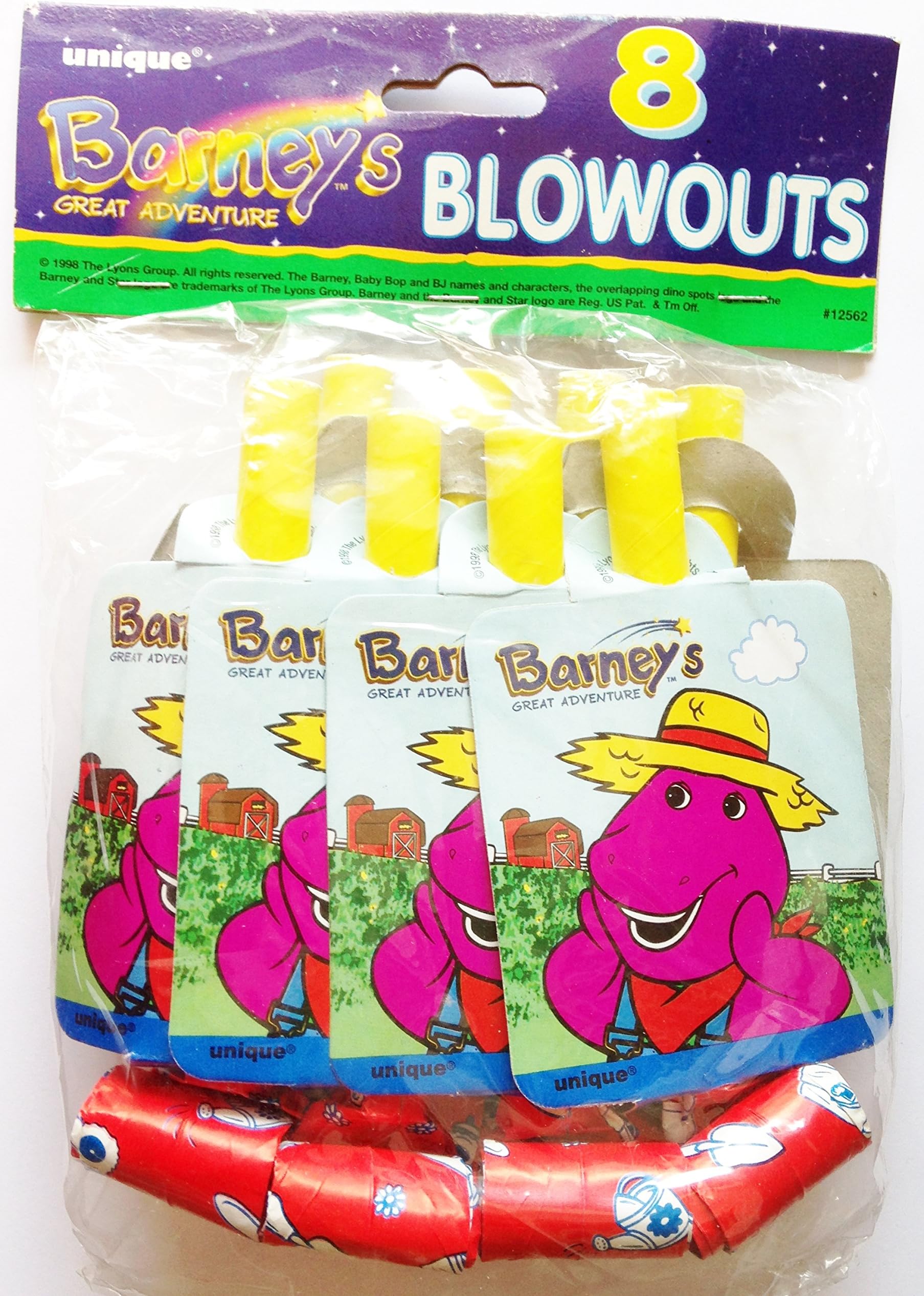 Vintage Dated 1998 BARNEY's GREAT ADVENTURE Party Favors Medallion Blowouts (8 Count) by Barney and Friends