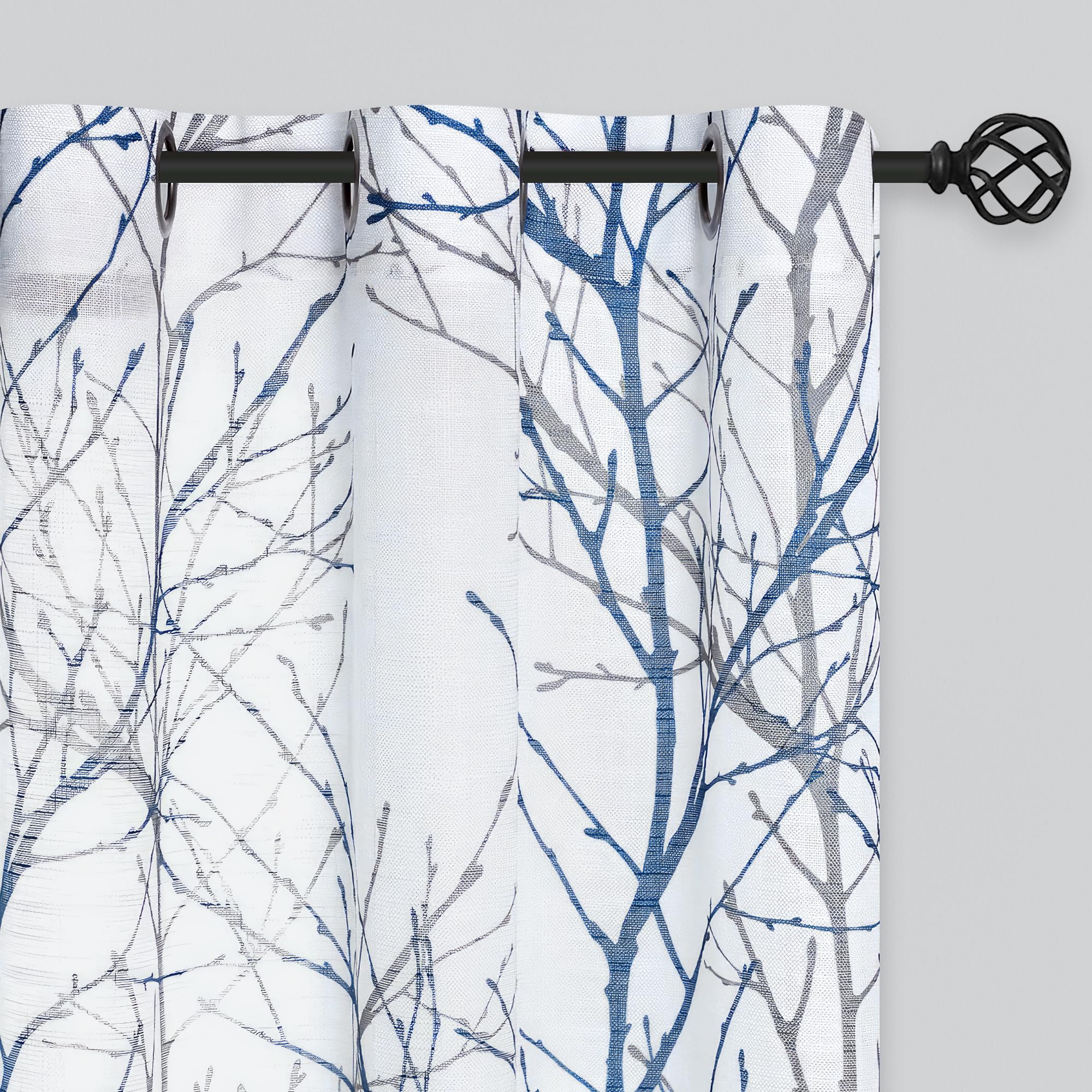 Fmfunctex Linen Semi Sheer Curtains for Bedroom, Blue White Curtains 108 Inches Long for Living Room, Grey Tree Branch Patterned Curtain Light Filtering Extra Long Window Drapes, Grommet Top 2 Panels