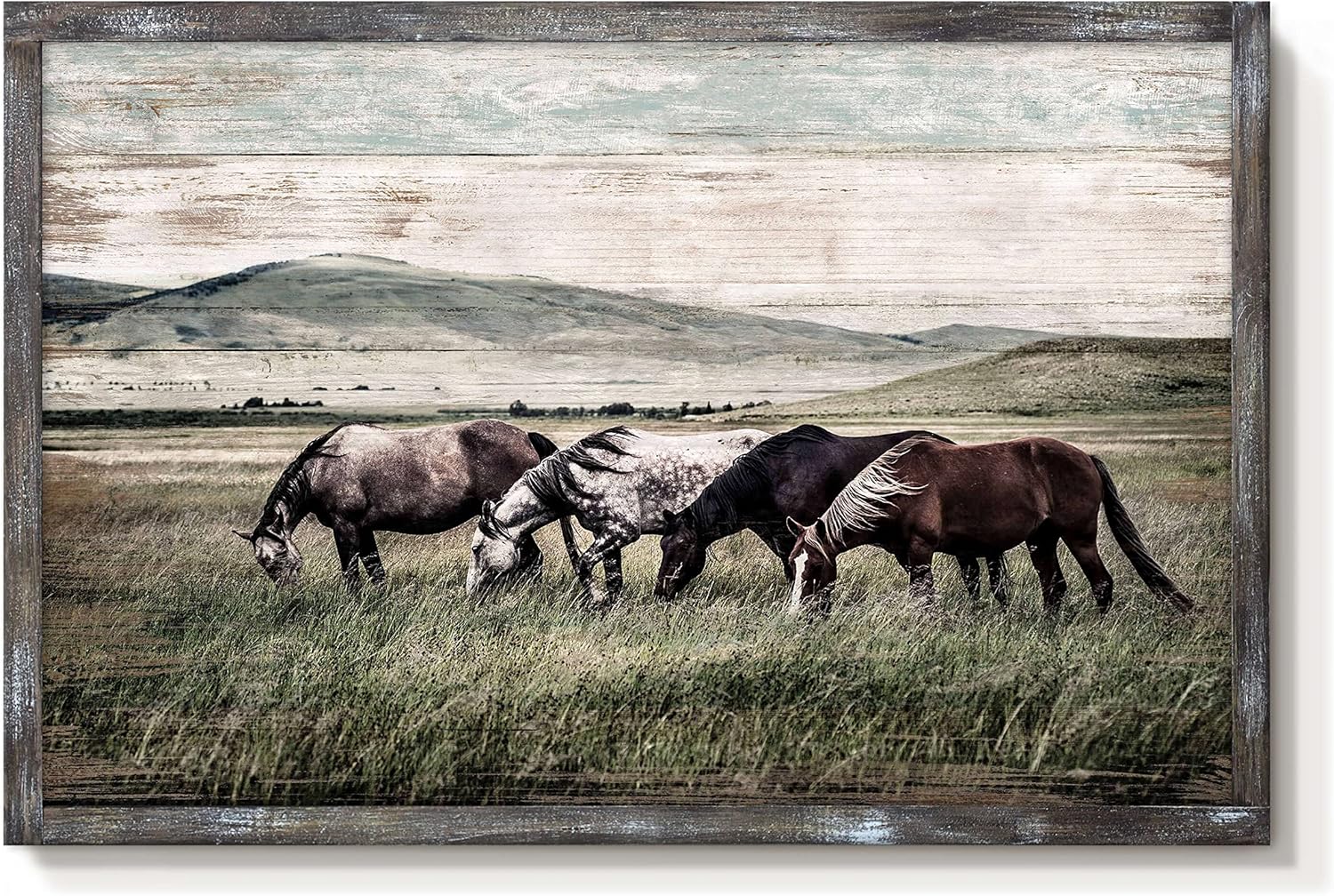 Paintings - Horse Framed Wall Art Decor: Country Western Farmhouse Wood Painting Vintage Farm Painting Wild Animals Walking on Sprawling Grassland Rustic Artwork for Living Room