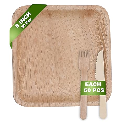 Platos de Palma Biodegradable (8” x 8”) Set de Cubertería de Madera