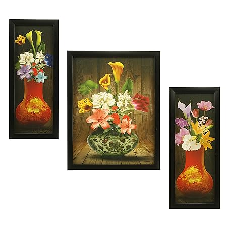 Indianara 3 Pc Set of Flower (990) Paintings Without Glass 5.2 X 12.5, 9.5 X 12.5, 5.2 X 12.5 Inch