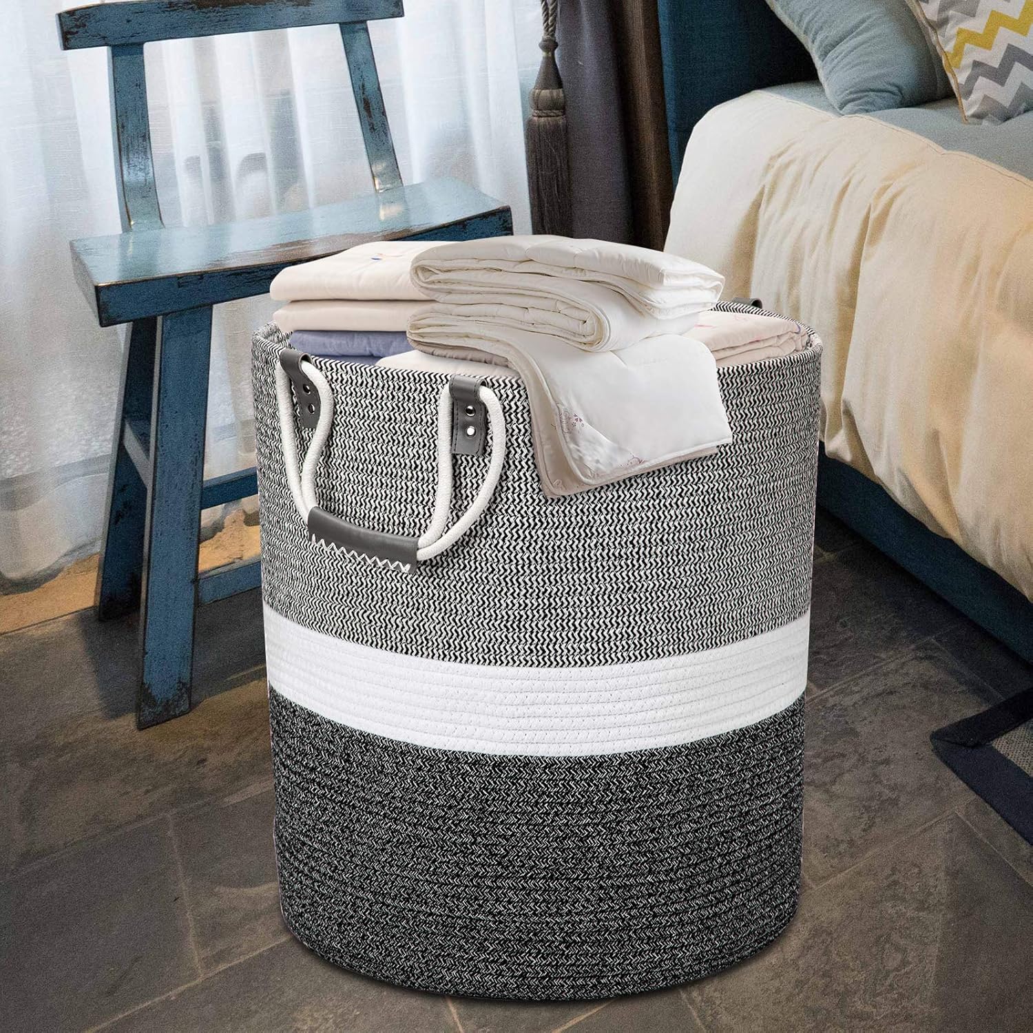 17x17x19 Inches Large Cotton Rope Basket, Storage Basket, Woven Laundry Hamper, Toy Storage Bin, Nursery Storage Basket, Baby Bin Organizer, White & Black: Home & Kitchen