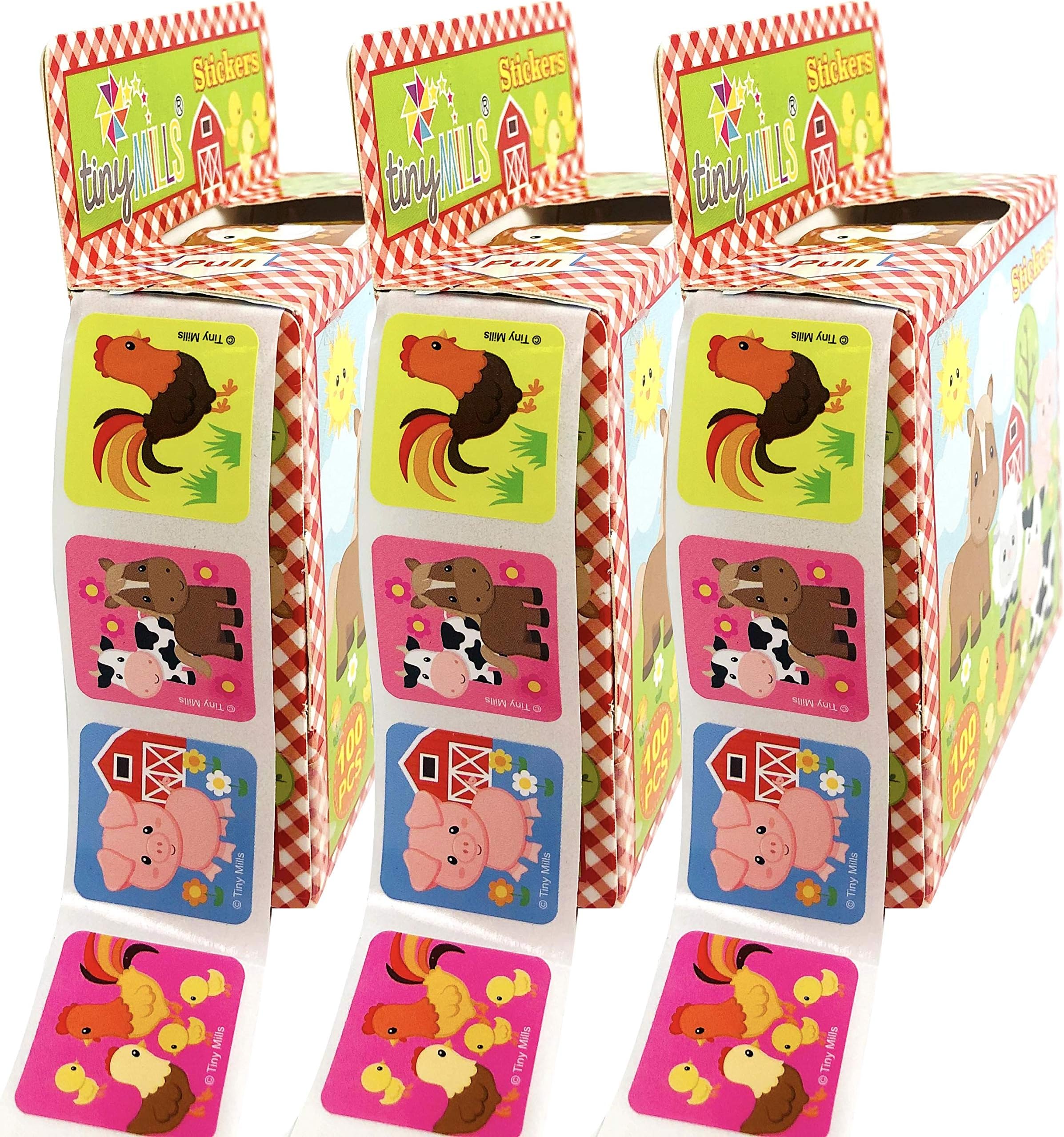 Tiny Mills Farm Animals Barnyard Stickers for Kids Party Favor Supplies (1200 Stickers Total) Pack of 12 Sticker Dispensers with 100 Stickers Each Easter Basket Goody Bag Filler Rewards