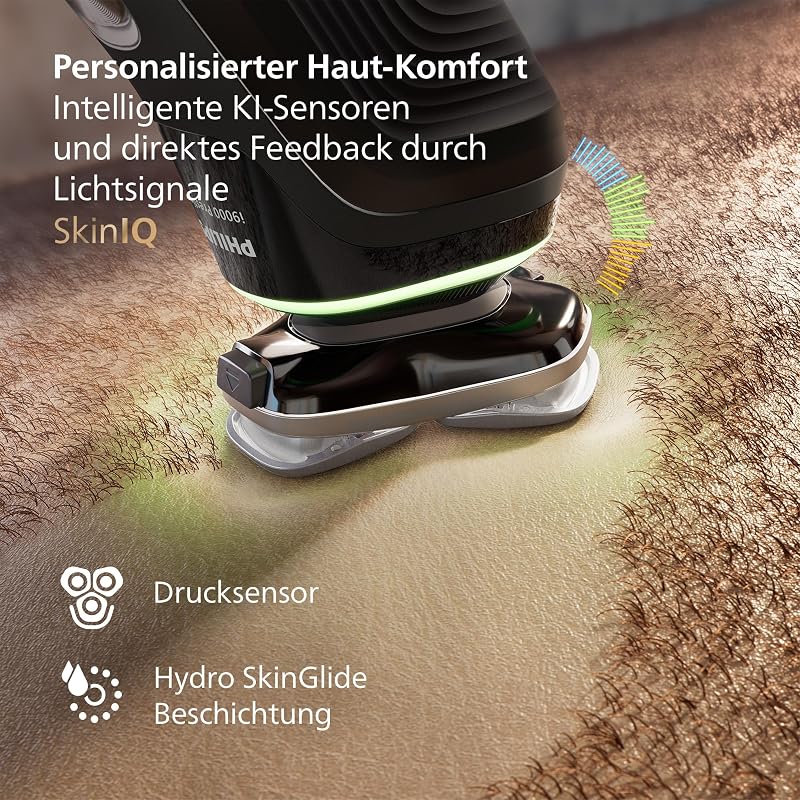 Rasierer i9000 Prestige, elektrischer Nass- und Trockenrasierer für Herren mit integriertem Trimmer, schwarz, Drucksensor, Reinigungsstation, Ladestation und Reiseetui (Modell XP9207/30)