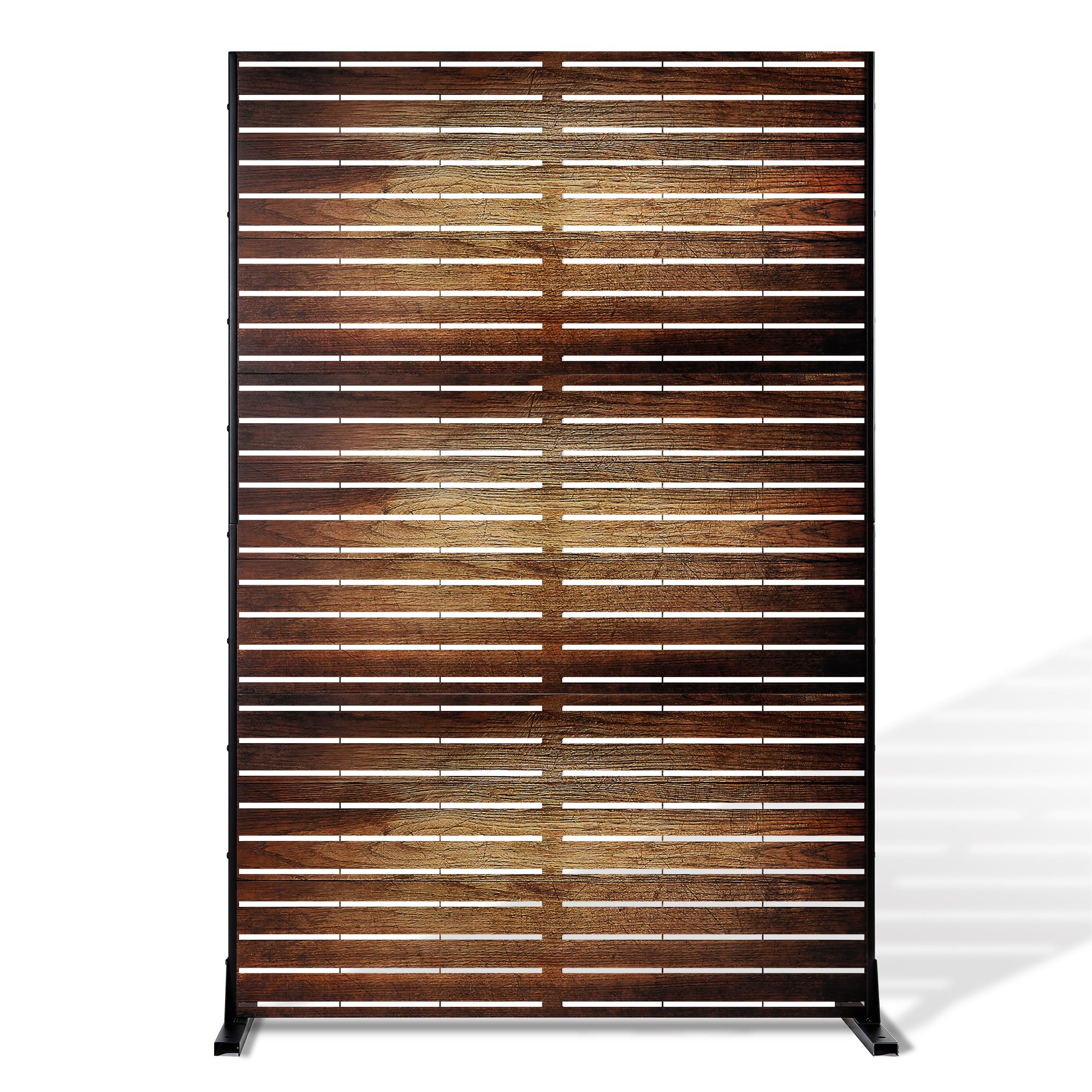 Photo 1 of FENCY Metal Privacy Screen Outdoor Privacy Screen 72" H×47" W Vintage Wood Color Patio Privacy Screen, Freestanding Decorative Privacy Screen for Deck Balcony Patio