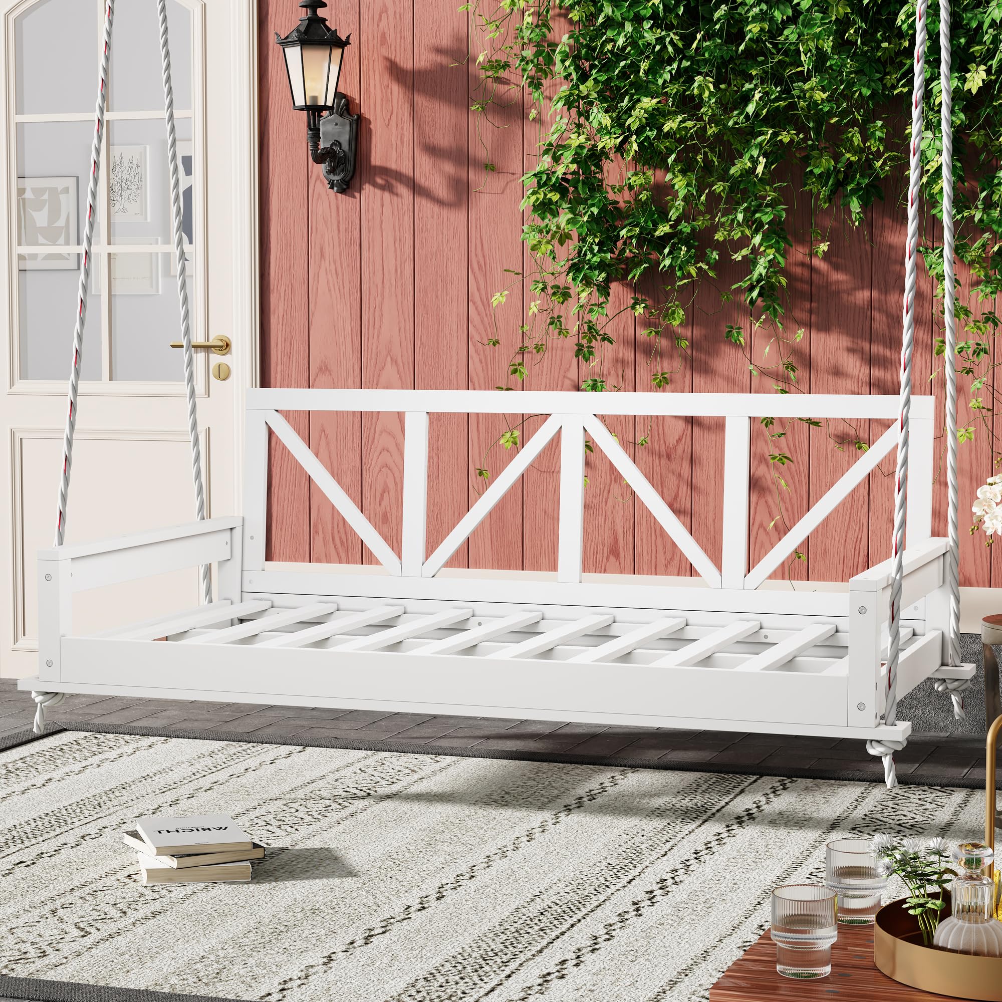 Photo 1 of Merax Acacia Wood Twin Size Patio Swing Bed, Modern Porch Swing Hanging Bed Frame with 16.4ft Hemp Ropes for Garden, Backyard, White
