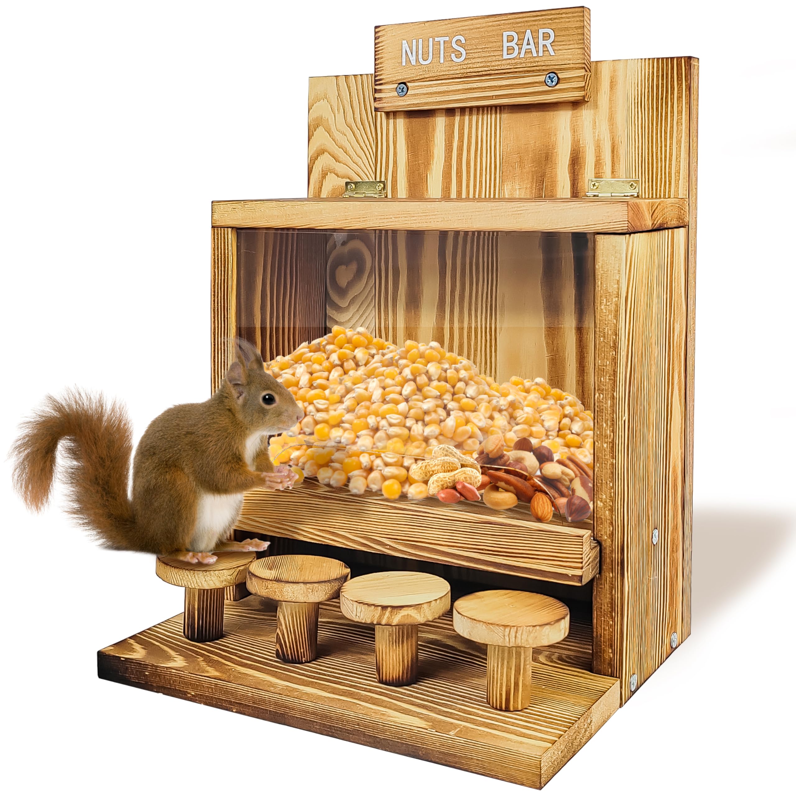 Squirrel Feeder, Squirrel Picnic Table Feeder, Carbonized Wooden Squirrel House Feeders with Stable Squirrels Stool Bar, Funny Squirrel Feeders for Outdoors