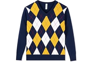 BOBOYOYO Boys Argyle Sweater 100% Cotton Cable Knit Boys Uniform Sweater V-Neck Christmas Kids Pullover for Children 5-14 Y