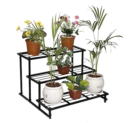 Daga 3 Step Metal Gardening Stand, Planter Stand For Indoor And Outdoor Plant Pots, Home Balcony, Bungalow Garden, Office Space Garden(Size- 77Cm(W), 85 Cm(L), 57Cm (H))(Colour- Black)(Metal)