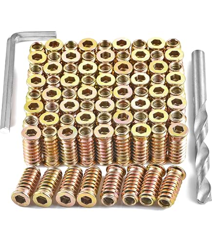 Rrina 28-Piece Furniture Screw Nut Set – 1/4-20 Threaded Wood Inserts & Hex Socket Screws, With 2 Wrenches – For Hardwood T-Joints