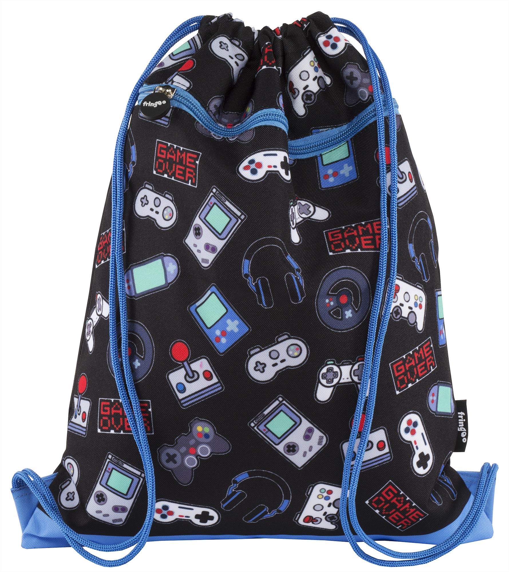 Fringoo - Kids Drawstring Bag - Front Zipped Pocket - Large Capacity Drawstring Bag - PE Bag - School - Gym - Swim - Gamer Design