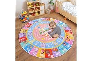OHDS Kids Rugs for Playroom - Soft & Non-Slip 6x6 Feet Round Educational Rug for Learning ABC Alphabet, Numbers, Shapes & Season, Washable Classroom Rug for Toddler Nursery & Kids Room Decor