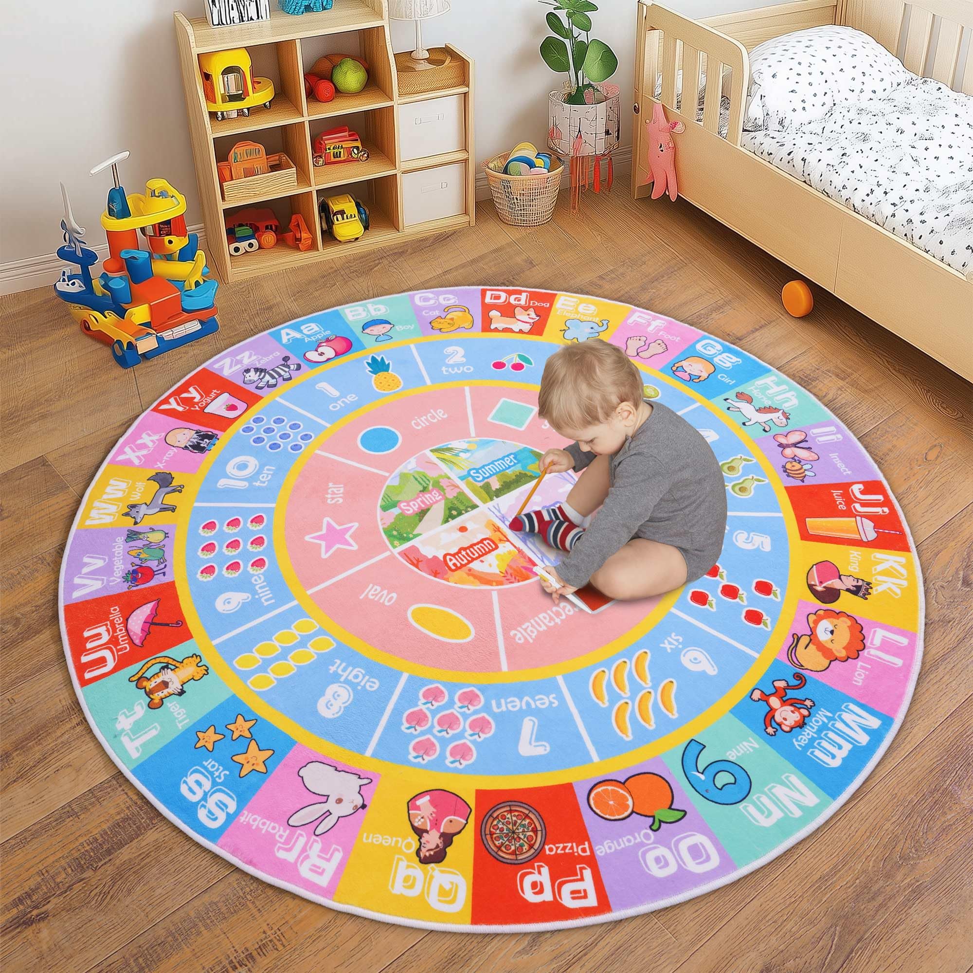 Photo 1 of OHDS Kids Rugs for Playroom - Soft & Non-Slip 6x6 Feet Round Educational Rug for Learning ABC Alphabet, Numbers, Shapes & Season, Washable Classroom Rug for Toddler Nursery & Kids Room Decor