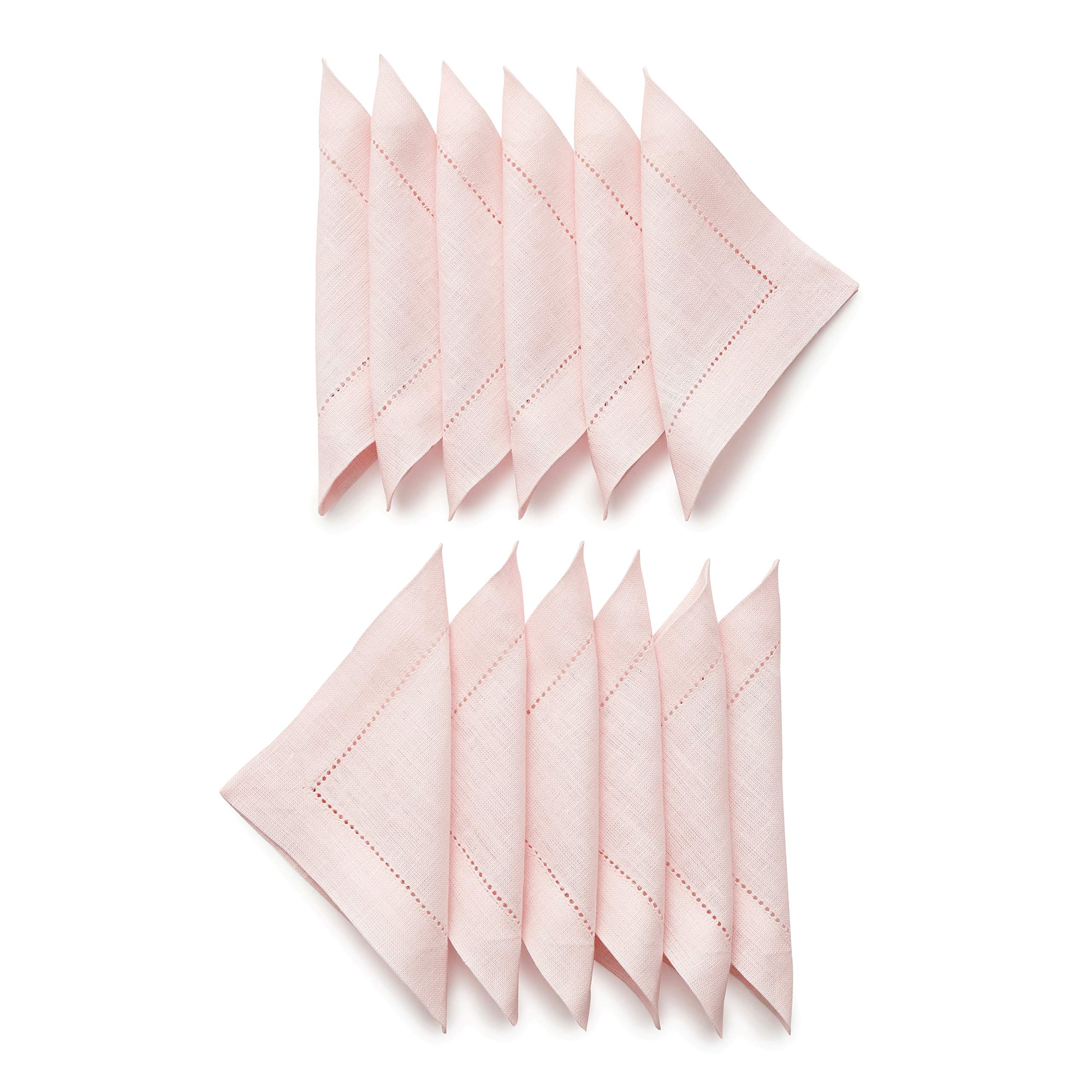 Solino Home Linen Hemstitch Cocktail Napkins Set of 12-6 x 6 Inch, 100% Pure Linen Pink Cloth Cocktail Napkins for Halloween - Classic Hemstitch