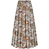 CYiNu Women's Chiffon Elastic High Waist Tiered Pleated Floral Printed A-Line Boho Long Maxi Skirts