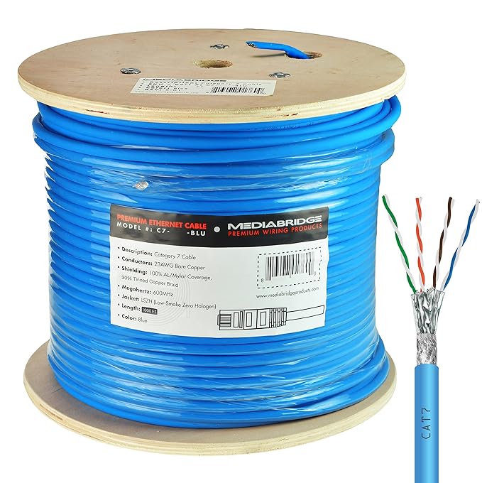 Solid Copper Cat7 Ethernet Cable (1000 Feet, Blue) - Low-Smoke Zero Halogen Jacket (Part C7-1000-BLUE)