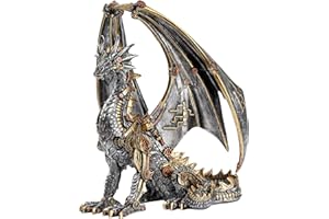 HEINBOW Steampunk Dragon Statue Gothic Retro Mechanical Gear Sitting Dragon Metallic Look Resin Sculpture for Home Man Cave Decor 12'' High