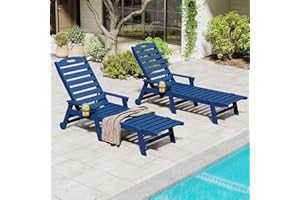 Domi Outdoor Chaise Lounge Chairs Set of 2, HDPE All-Weather Pool Loungers with 5-Position Adjustable Reclining Backrest & Ro