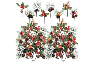 Panelee 48 Pcs Artificial Pine Picks - Christmas Picks for Crafts, Floral, Pine Cones, Sprays, Wreath & Berry Stem Bulk for Xmas Tree & Winter Holiday