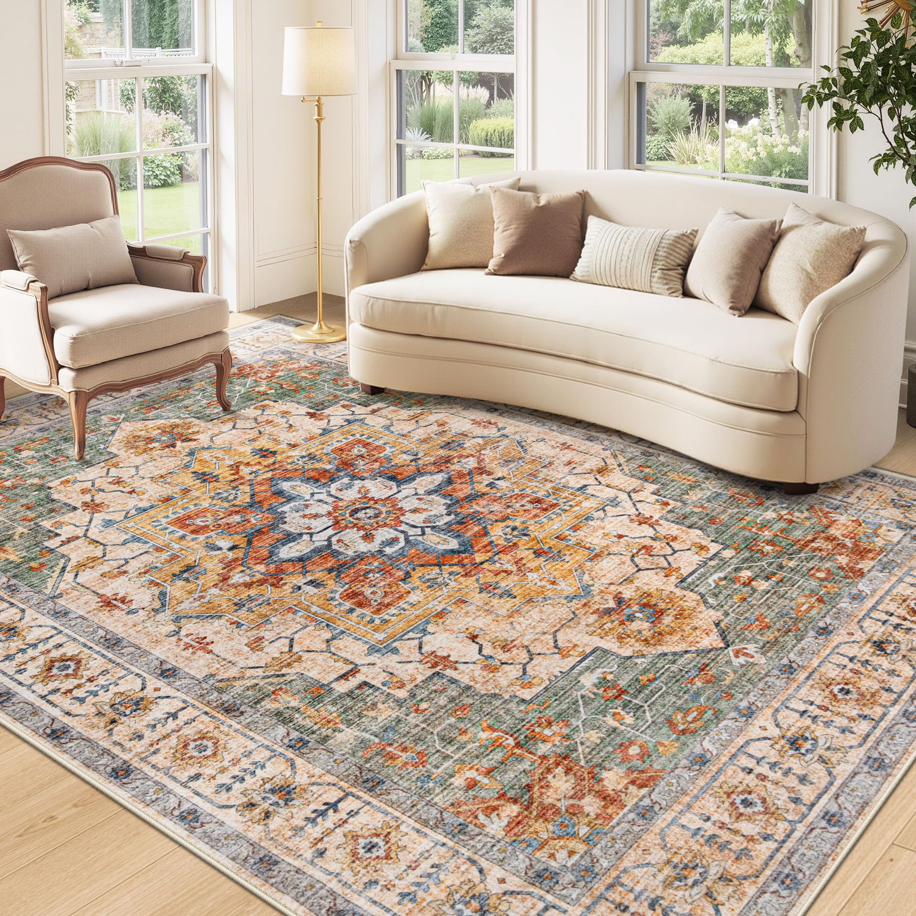 Area Rug 5x7 Vintage Rug: Washable Indoor Medallion Rugs Low Pile Distressed Floor Carpet Retro Accent Rug for Living Room Bedroom Kitchen Dining Table Home Office(Green/Yellow, 5'x7') Image