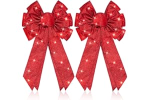 Giegxin 2 Pcs Large Red Lighted Christmas Bows with Lights for Wreath and Tree Topper, 18x F10 Inch Pre Lit Red Wreath Bow Light up for Christmas Decorations for Front Door Windows Outdoor Indoor