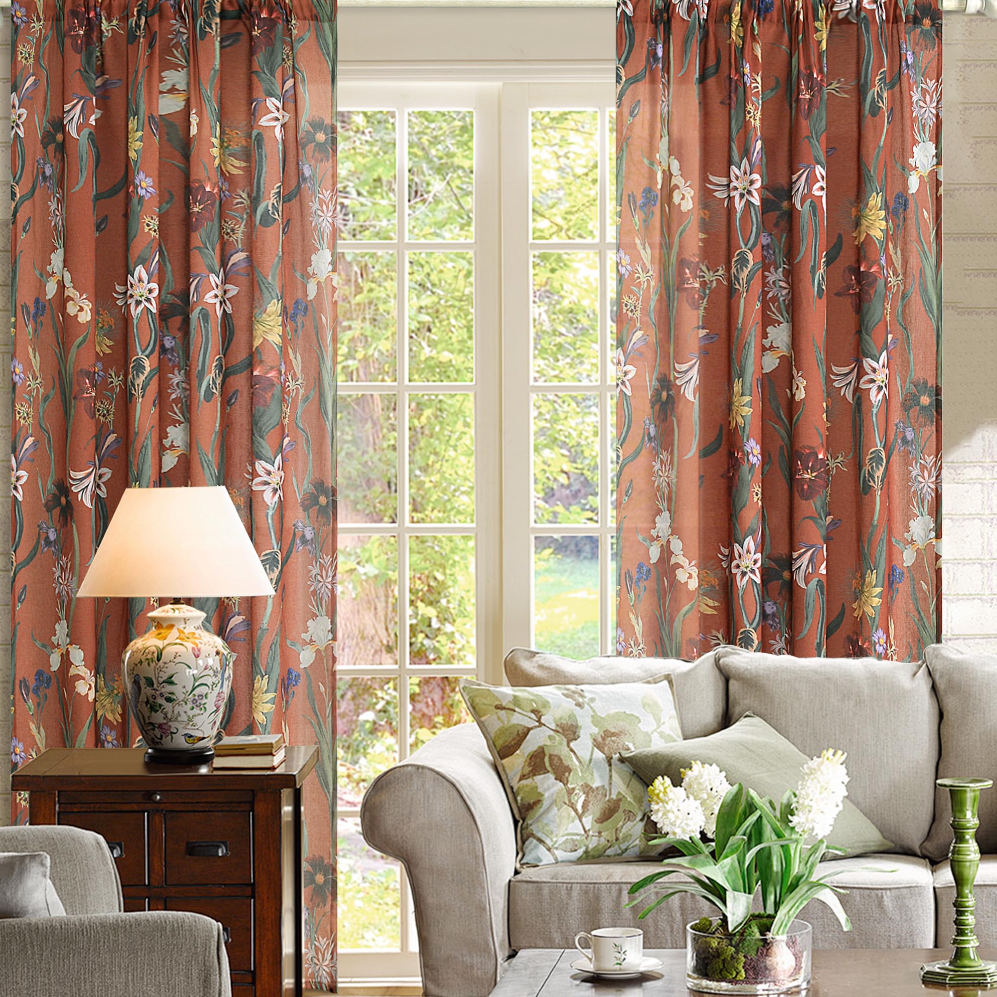 Condition photo showing As Is for schweek terracotta boho curtains 63 inch long 2 panels drapes for kitchen | burnt orange vintage floral printed curtains,semi sheer linen farmhouse drapes for living room dining room bedroom 52"x 63"