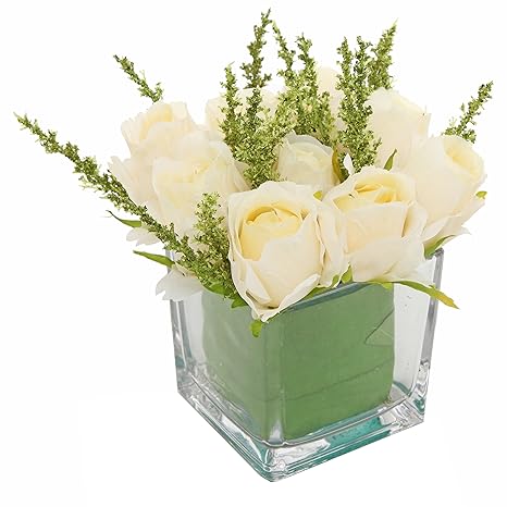 Mygift Artificial Ivory Roses In Square Glass Vase Faux Flower