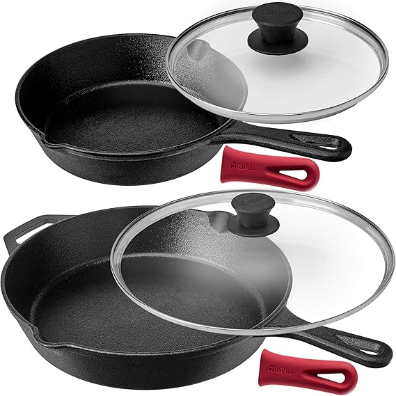 Cast Iron Skillet Set + Glass Lids 8"+12"inch / 20.32cm + 30.48cm