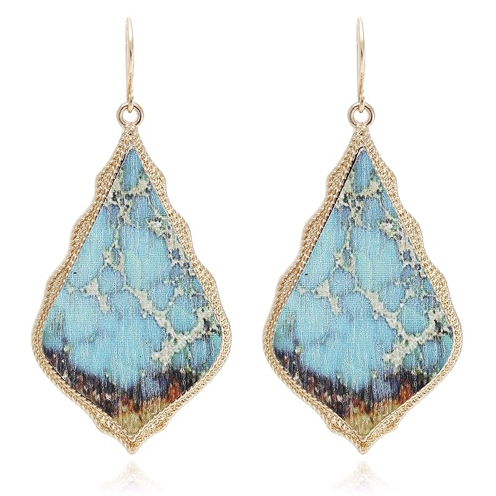 Bohemian Gem Pattern Printed on Recycled Wood Rhombus Baroque Drop Statement Earrings