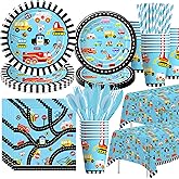 Xigejob Traffic Jam Cars Trucks Transportation Birthday Party Supplies Dinnerware, Plate, Cup, Napkin, Tablecloth, Cutlery, Straw, Construction Transport Vehicle Party Decorations Tableware | Serve 24