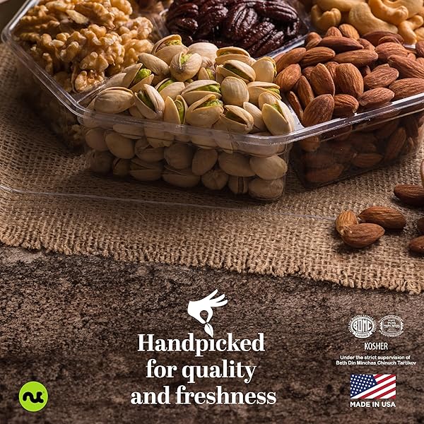 NUT CRAVINGS GOURMET COLLECTION – PURIM MISHLOACH MANOT MIXED NUTS GIFT BASKET + GREEN RIBBON (7 ASSORTMENTS, 1 LB) ARRANGEMENT PLATTER, BIRTHDAY CARE PACKAGE – HEALTHY KOSHER CORPORATE GIFTS