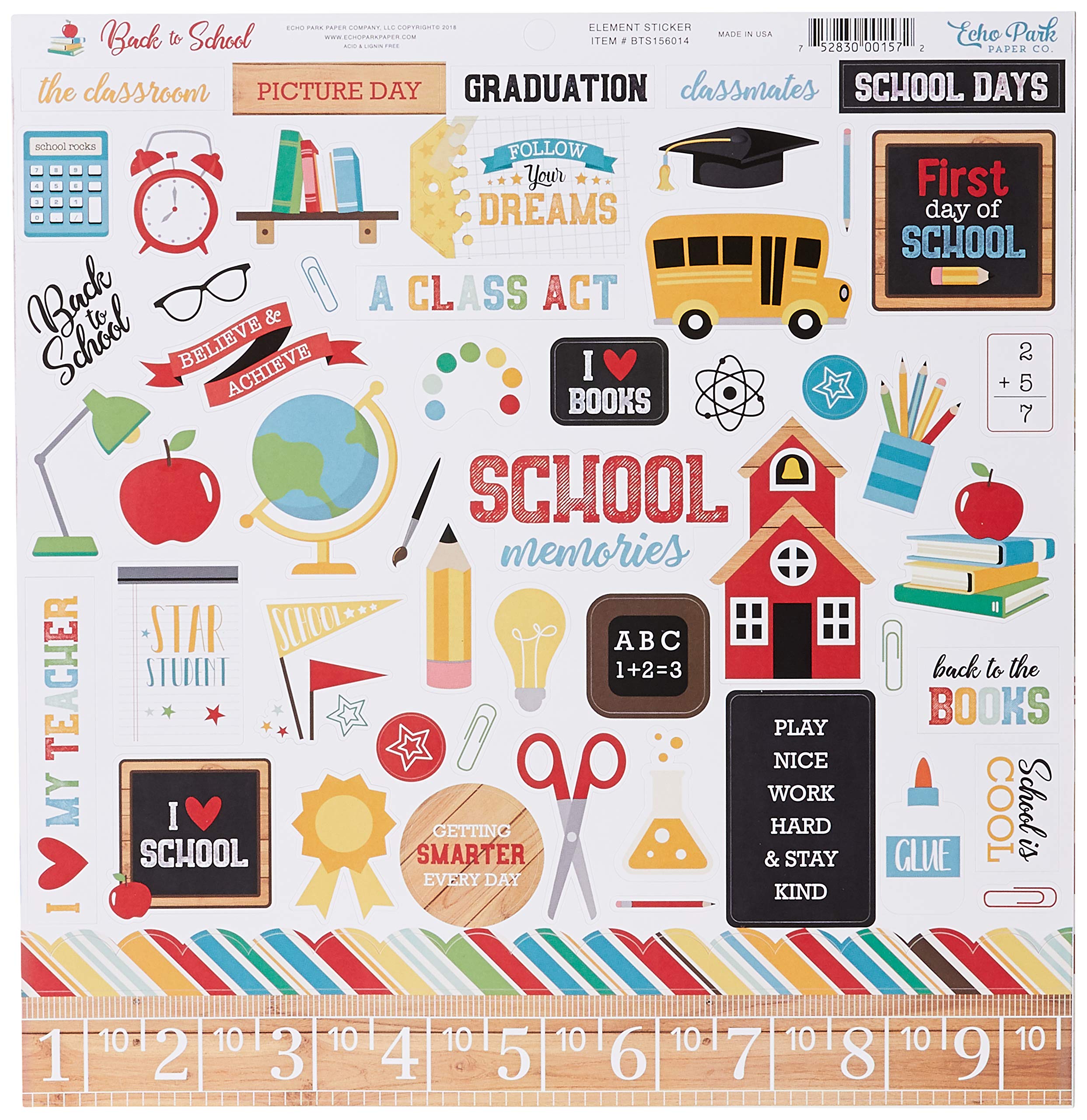 Echo Park Paper Company Back to School Collection Kit paper, 2-x-2, Blue/Black/Red/Green/Yellow, 12-x-12