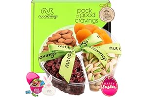 Nut Cravings Gourmet Collection - Easter Dried Fruit Nuts & Candies Gift Basket with Happy Easter Ribbon (4 Piece Assortment) Candy Filled Egg + Bunny Stuffer - Healthy Kosher