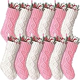 Hungdao 12 Pcs Pink White Christmas Stockings Knitted Xmas Socks Rustic Socks Double Sided Fireplace Hanging Stockings Vintage Xmas Sock for Family Christmas Decoration(14 Inch)