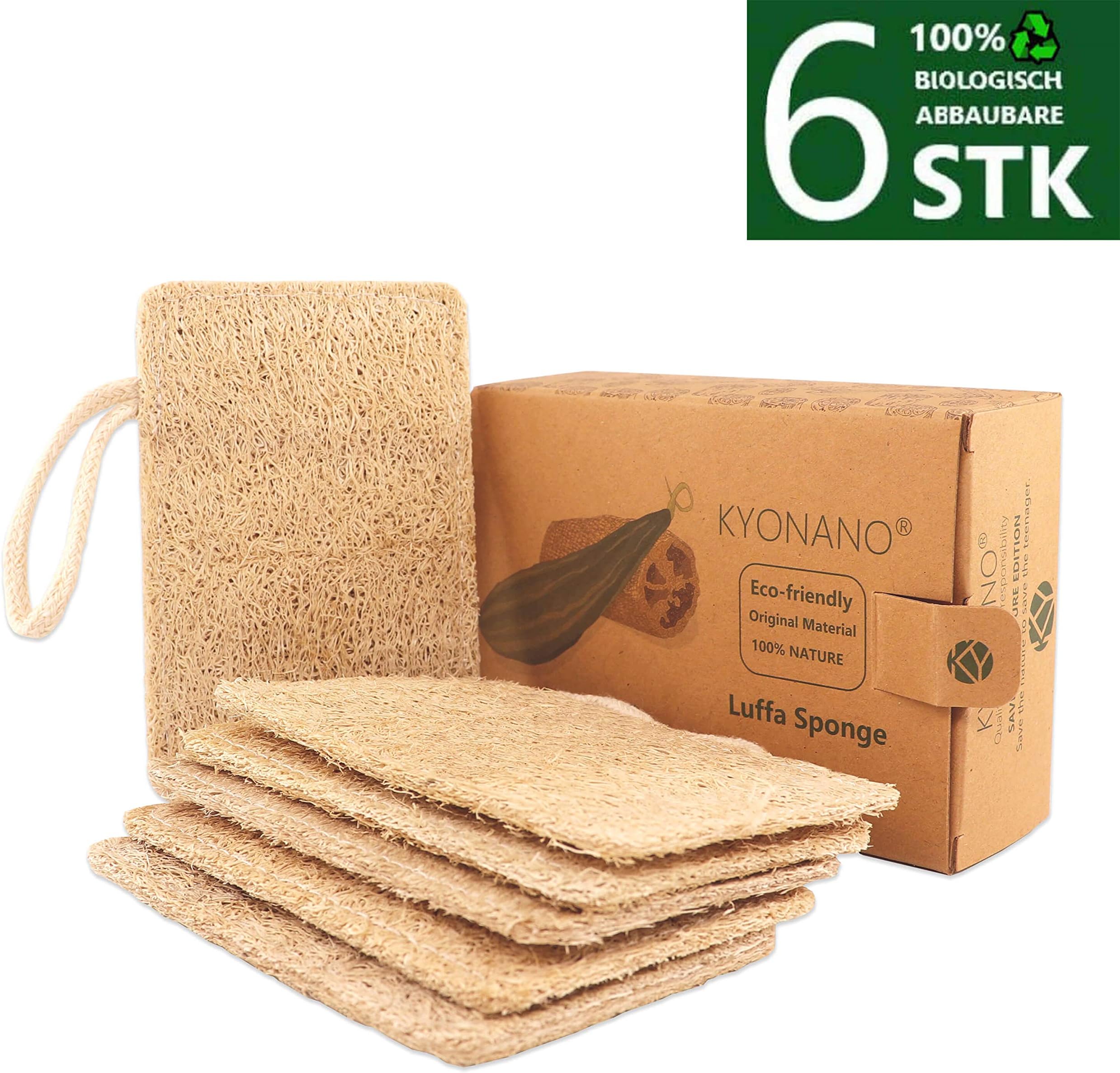 KYONANO Loofah Washing Up Sponge, 6 Loofah Sponge with Cord, Reusable Plastic Free, Natural Loofah Plant Fibre Kitchen Sponge, Biodegradable Cleaning Sponge (Dunkle Colour)
