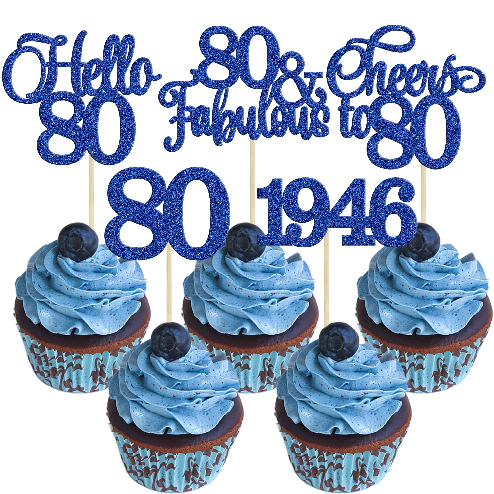 Gyufise 30Pcs 80th Birthday Cupcake Toppers 80 Fabulous Cupcake Picks Cheers to 80 1946 Cake Decorations for Happy 80th Birthday Wedding Anniversary Party Decoration Supplies Blue — image 1
