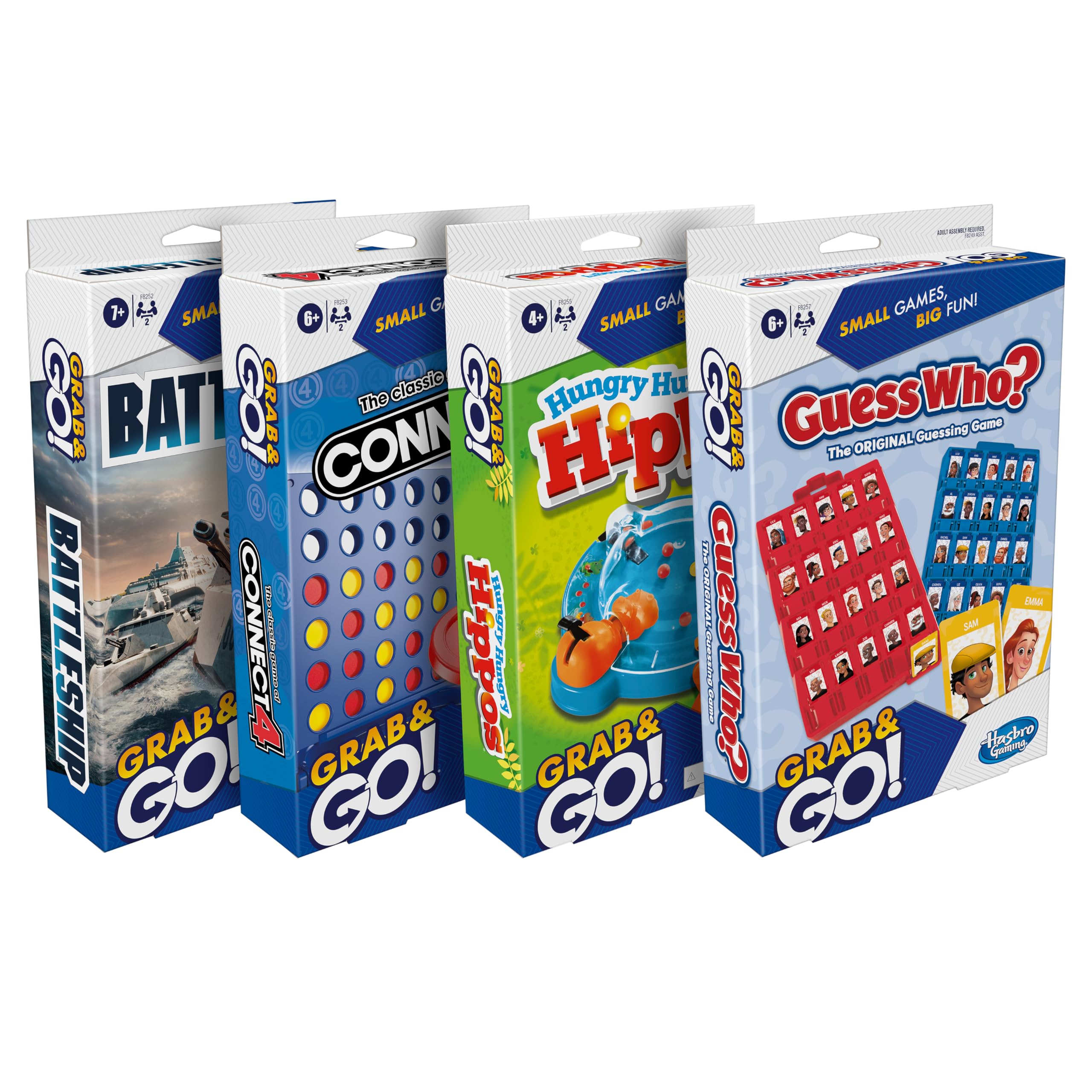 Hasbro Grab and Go! Bundle (4 Pack), Kids Travel Board Games, Battleship, Connect 4, Guess Who?, Hungry Hungry Hippos Games, 2 Players, Easter Gift for Kids, Ages 7+