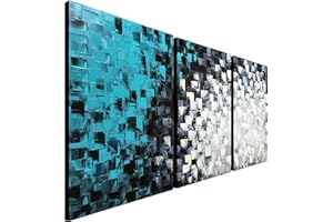 SEEKLAND ART Hand Painted Black and White Teal Abstract Canvas Wall Art Turquoise Modern Oil Painting 48x24 inch