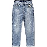 KIDSCOOL SPACE Baby Little Big Girls Jeans,Elastic Waistband Inside Ripped Holes Soft Denim Pants