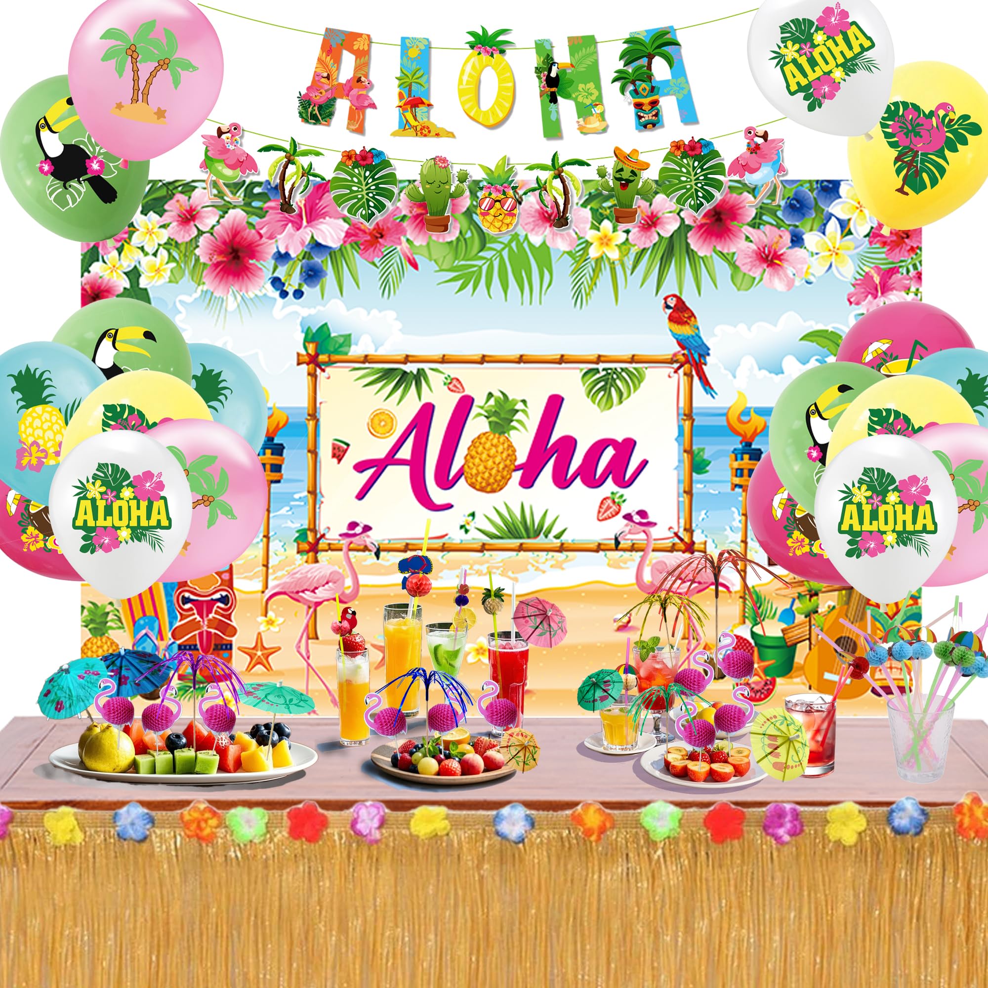 Photo 1 of Aloha Hawaii Themed Party Decorations, Cocktail Umbrella Picks Straws Food Picks, Tropical Beach Backdrop, Colorful Printed Ballons, Luau Grass Table Skirt with Hibiscus Flowers for Kids Adults
