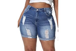 Gboomo Womens Plus Size Jean Shorts High Waisted Distressed Denim Shorts Casual Ripped Fold Hem Short Jeans