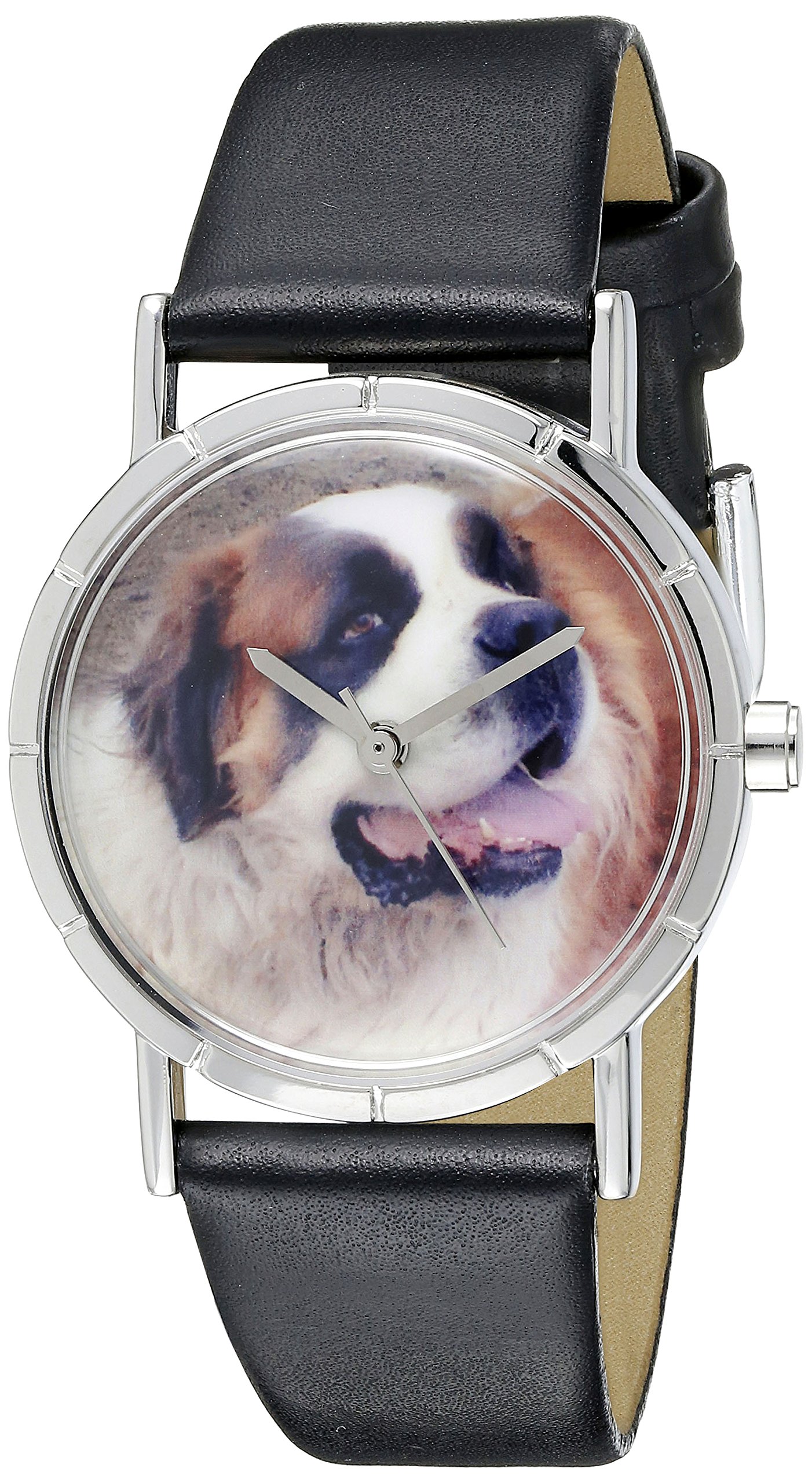 Whimsical Watches Saint Bernard Black Leather and Silvertone Photo Unisex Quartz Watch with White Dial Analogue Display and Multicolour Leather Strap R-0130070