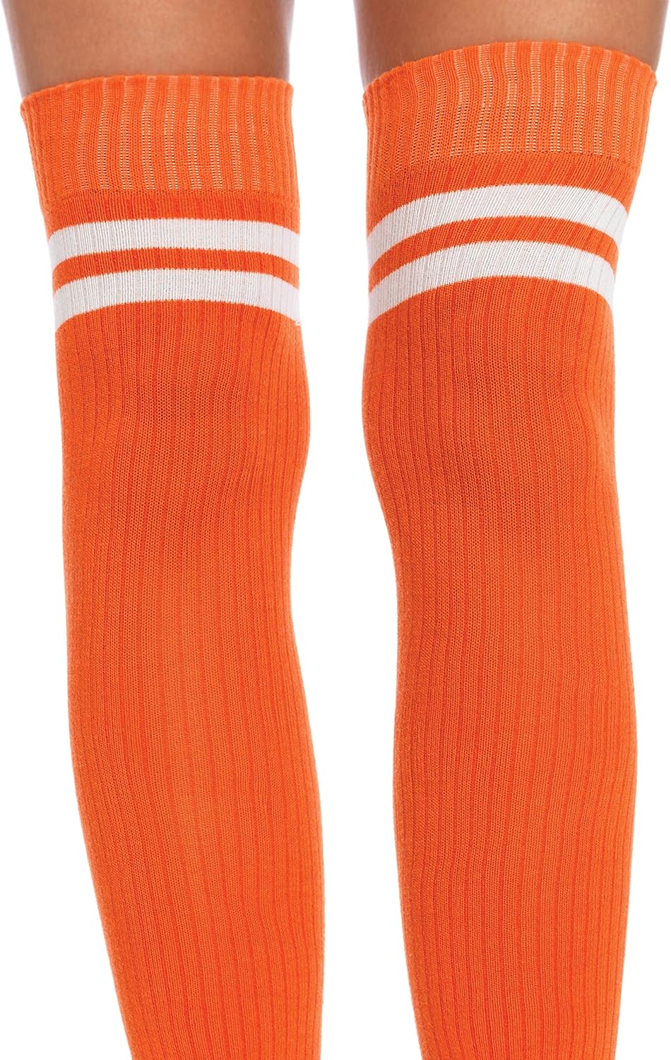 Leg Avenue Women's Ribbed Athletic Thigh High Socks, White/Orange, One Size: Clothing