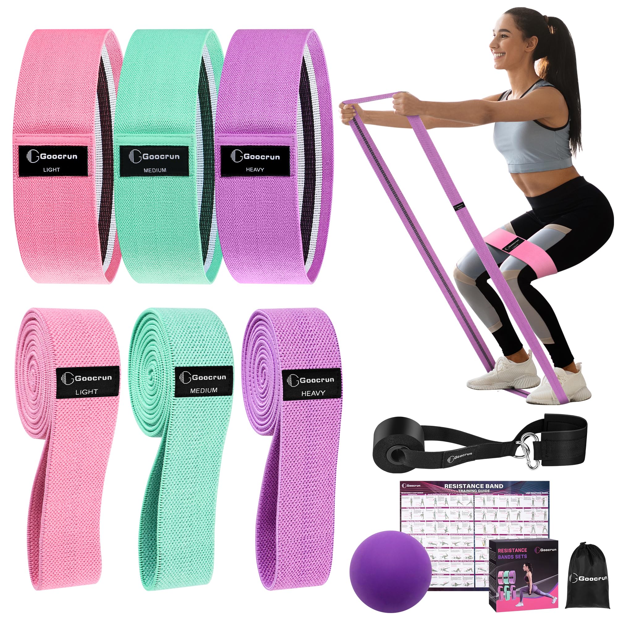 Photo 1 of Goocrun Fabric Resistance Bands for Working Out, Belt with Multiple Resistance Levels. Great for HIPS, Thighs Exercises. 2.5" Fascia Ball and Door Anchor, with Training.Guide (Pink)(Green)(Purple)