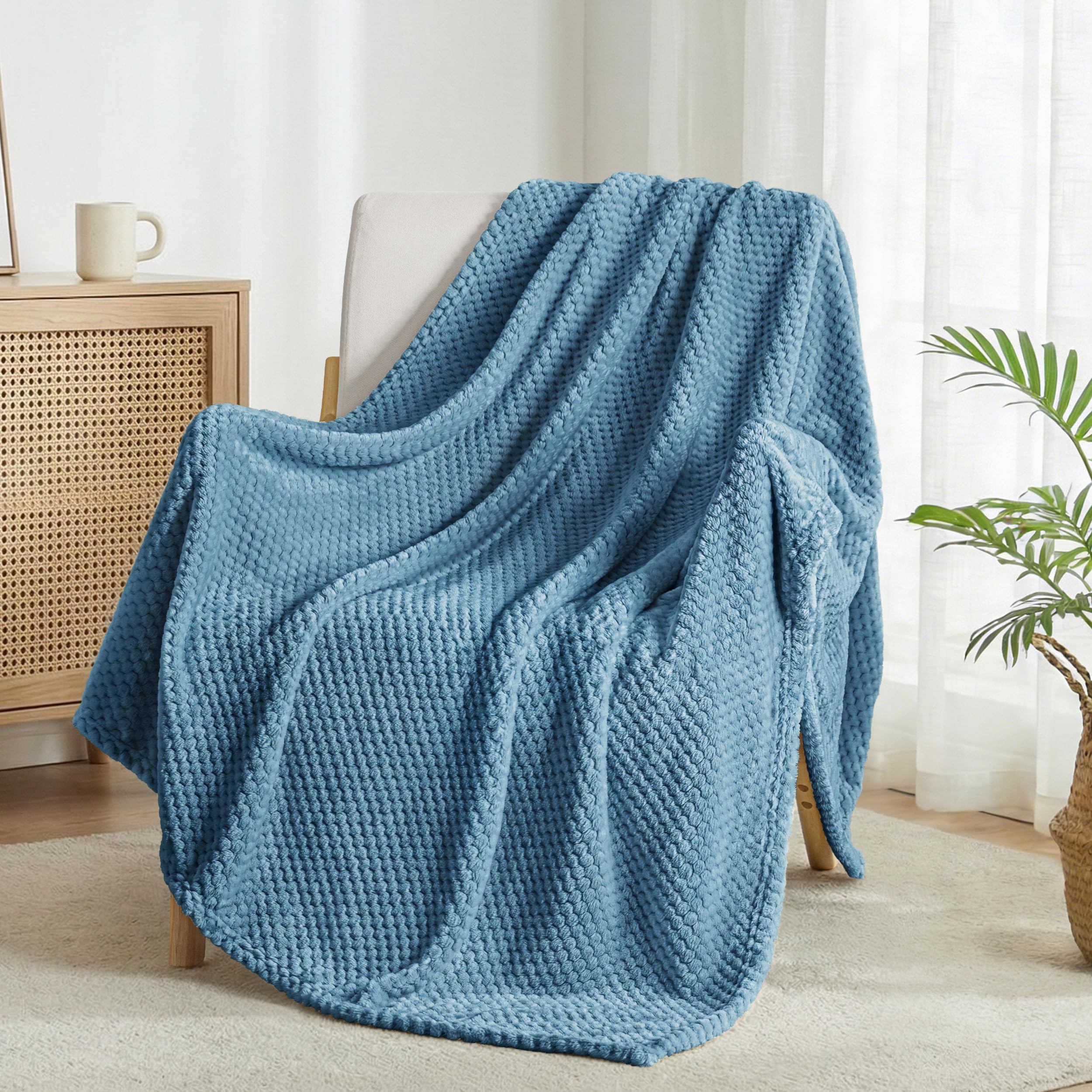 Exclusivo Mezcla Fleece Throw Blanket Extra Large, Super Soft and Warm Blankets for Couch, Sofa and Bed Waffle Textured, Cozy, Fuzzy and Lightweight, Slate Blue, 127x178 CM