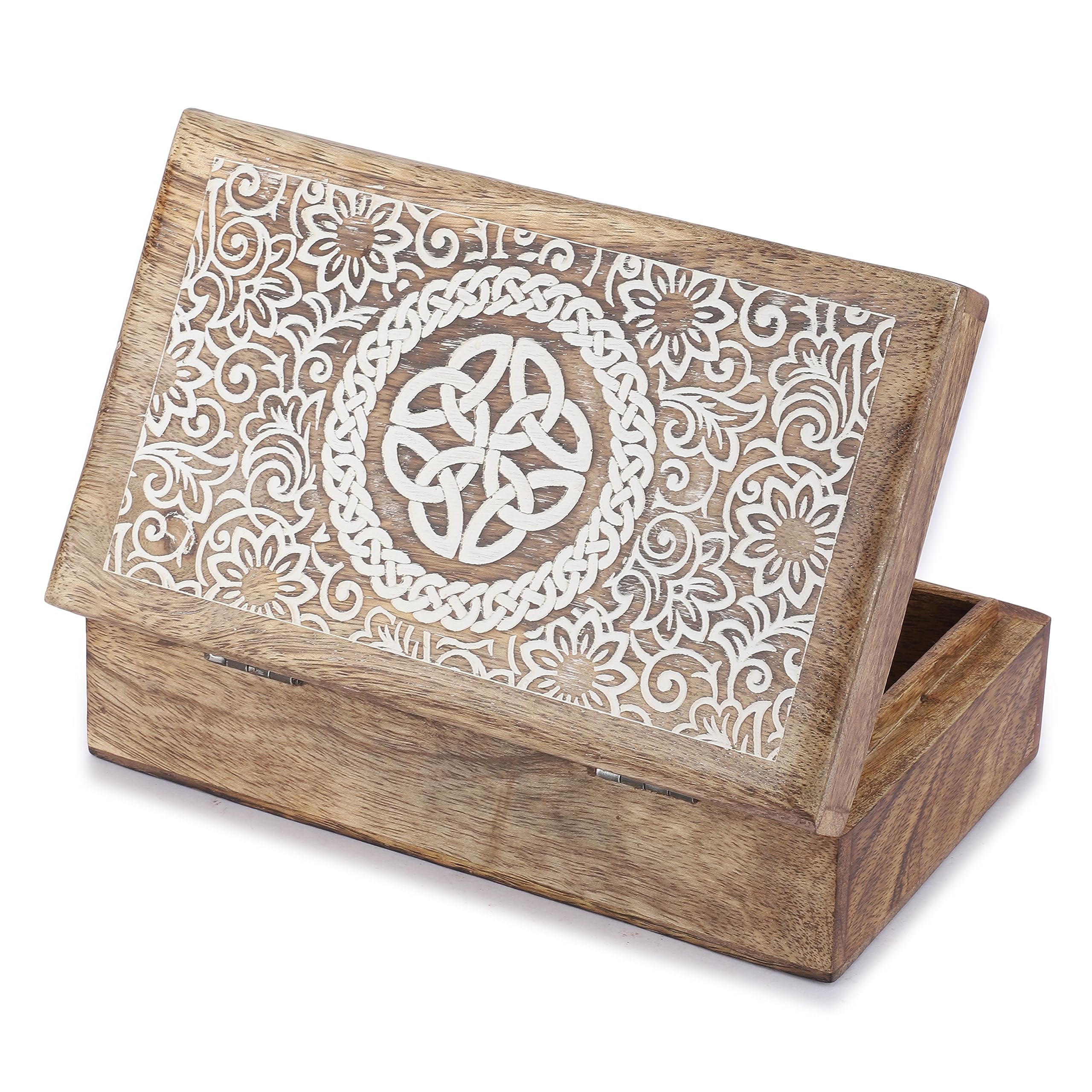 Ajuny Hand-Carved Wooden Jewellery Box - French Rope Design, Handmade Mango Wood Keepsake & Trinket Organiser, Necklace & Watch Storage, Gift for Women & Men, 8 x 5 Inch